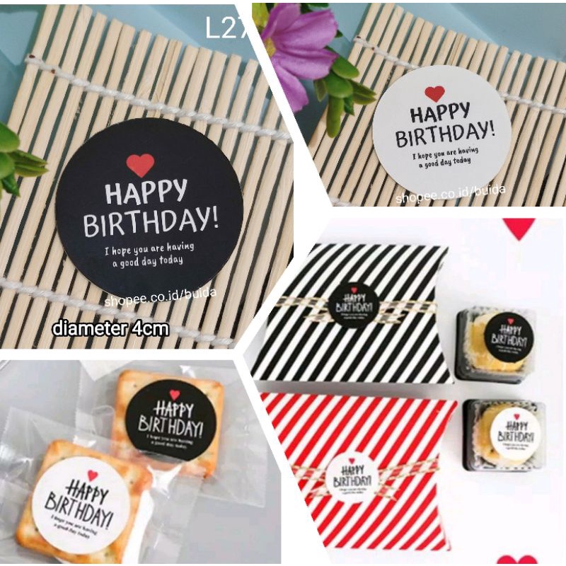 

Label Sticker Happy Birthday Black White Segel Kemasan Dus Box Parcel Kado Gift packaging Sealer L45 stiker parcel hampers bingkisan hantaran kotak kue souvenir hangtag kartu ucapan pink white black