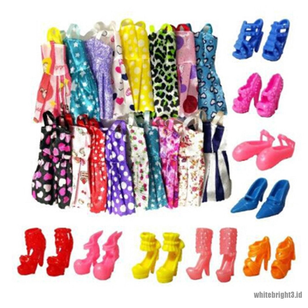 (white3) 10pcs Dress Handmade + 10pcs Sepatu High Heels Untuk Boneka