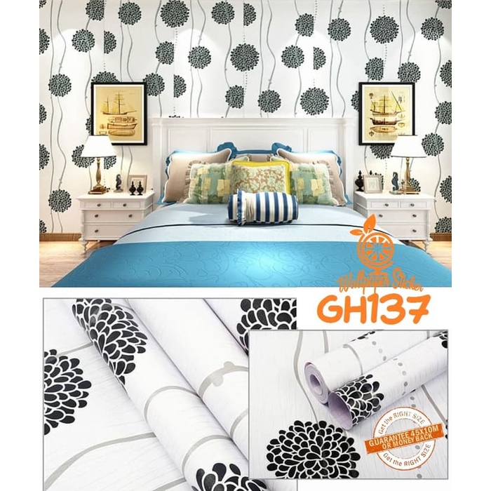 Wallpaper Dinding Stiker 45Cmx10M Wallpaper Stiker Dinding Rumah Wallpaper Dinding 3D Motif  Bunga Polkadot Dandelion-GH137
