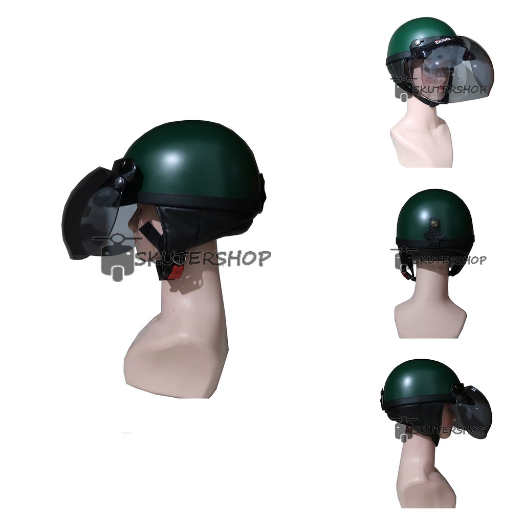 Skutershop Helm Retro Klasik Chip Chips Club New Cat Hijau Army Doff + Kaca Bogo Cembung Original