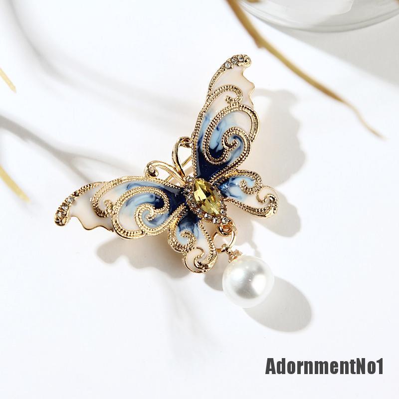 (Adornmentno1) Bros / Pin Butterfly Enamel Hias Mutiara + Berlian Imitasi Untuk Wanita