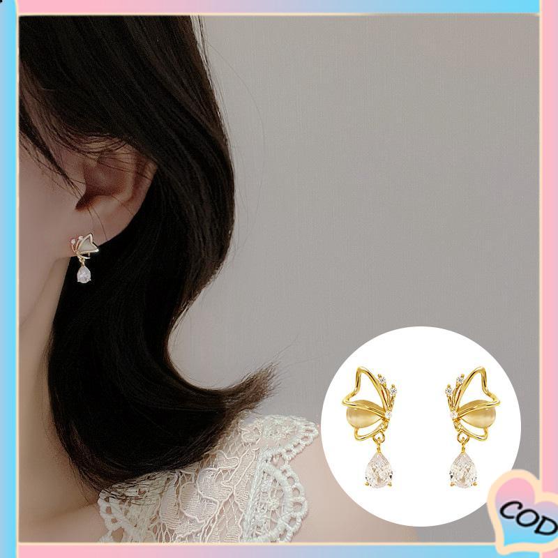 COD❤️ Opal Butterfly Love Water Drop Zircon Stud Earrings Desain Niche Wanita Temperamen Kelas Atas-A.one