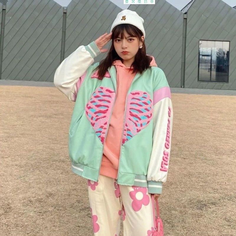 Heart Jaket Zipper Baseball Wanita Korea Oversize Size M.L.XL | Jaket Varsity Baseball Oversize | Jaket Korea