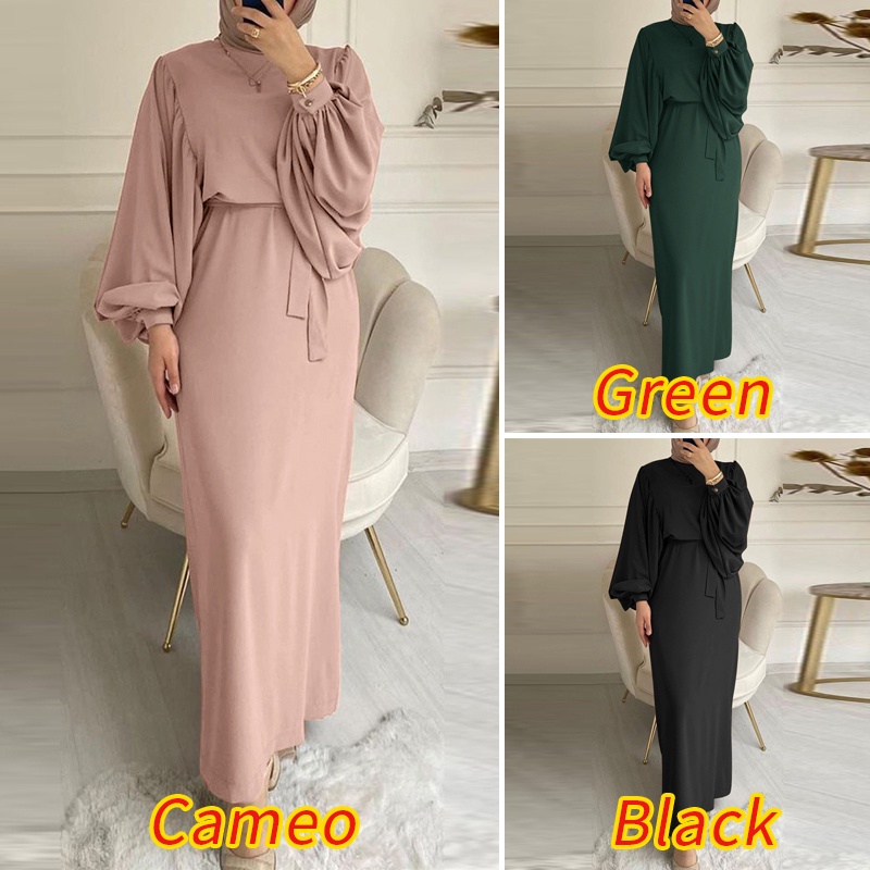 ZANZEA Women Vintage Lace-up Solid Puff Sleeve O Neck Muslim Long Dress