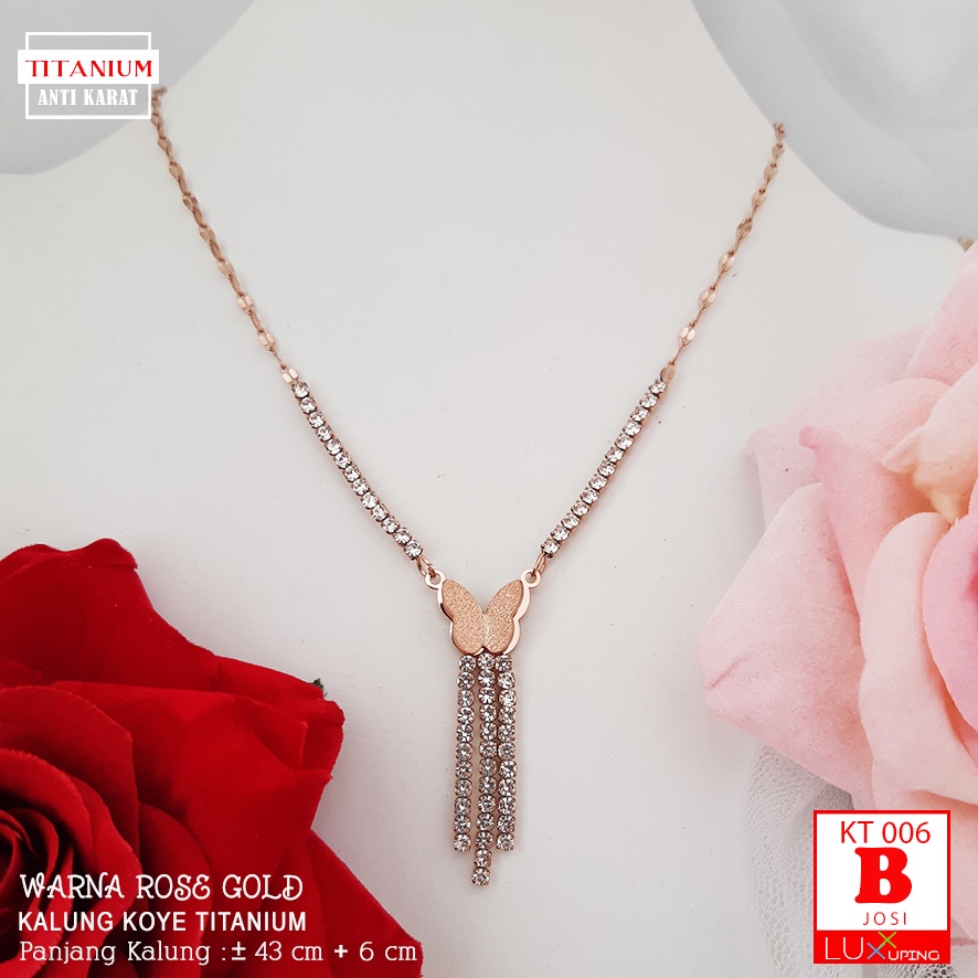 KT 006 Kalung Titanium Kupu Permata Sirkon Anti Karat Perhiasan Kalung Pesta Emas Silver Rose Gold Luxx Xuping