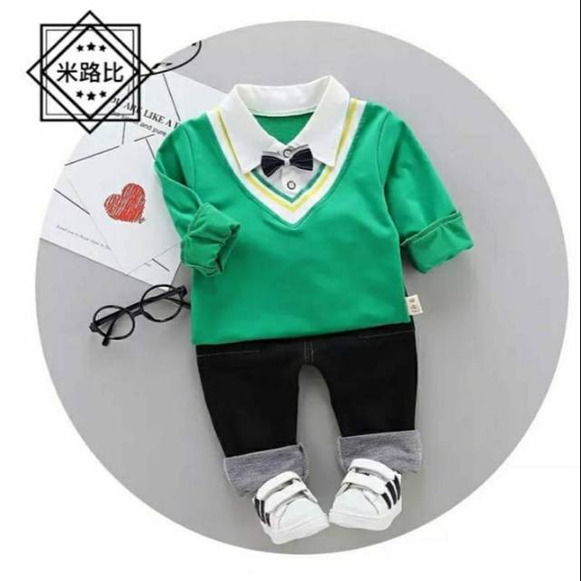 Setelan baju  anak  laki  laki  import warna  hijau green 