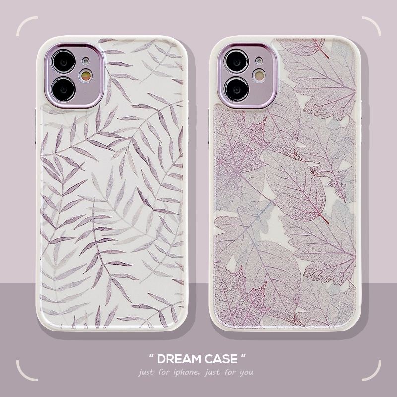 Case Pelindung Kamera Motif Daun Ungu Bahan TPU Shockproof Untuk IPhone 11 12 13 Pro Max Xr X Xs Xsmax 7 8 Plus