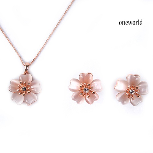 OW@ 2Pcs Fashion Women Faux Opal Flower Pendant Necklace Stud Earrings Jewelry Set