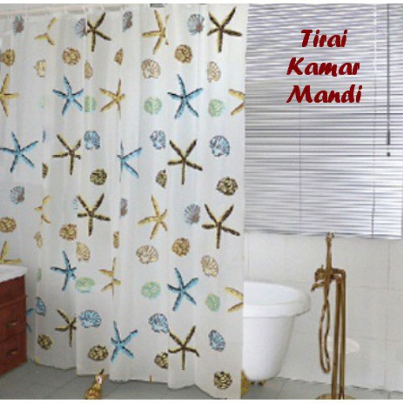 Tirai Kamar Mandi anti air Shower Curtain Bathroom motif waterproof kerang bintang laut Korden WC