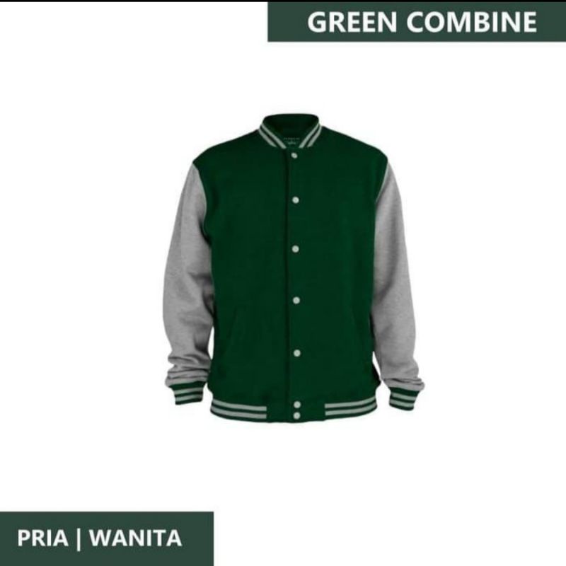 Jaket Baseball polos Varsity list abu-abu Pria /wanita varsity hijau XL