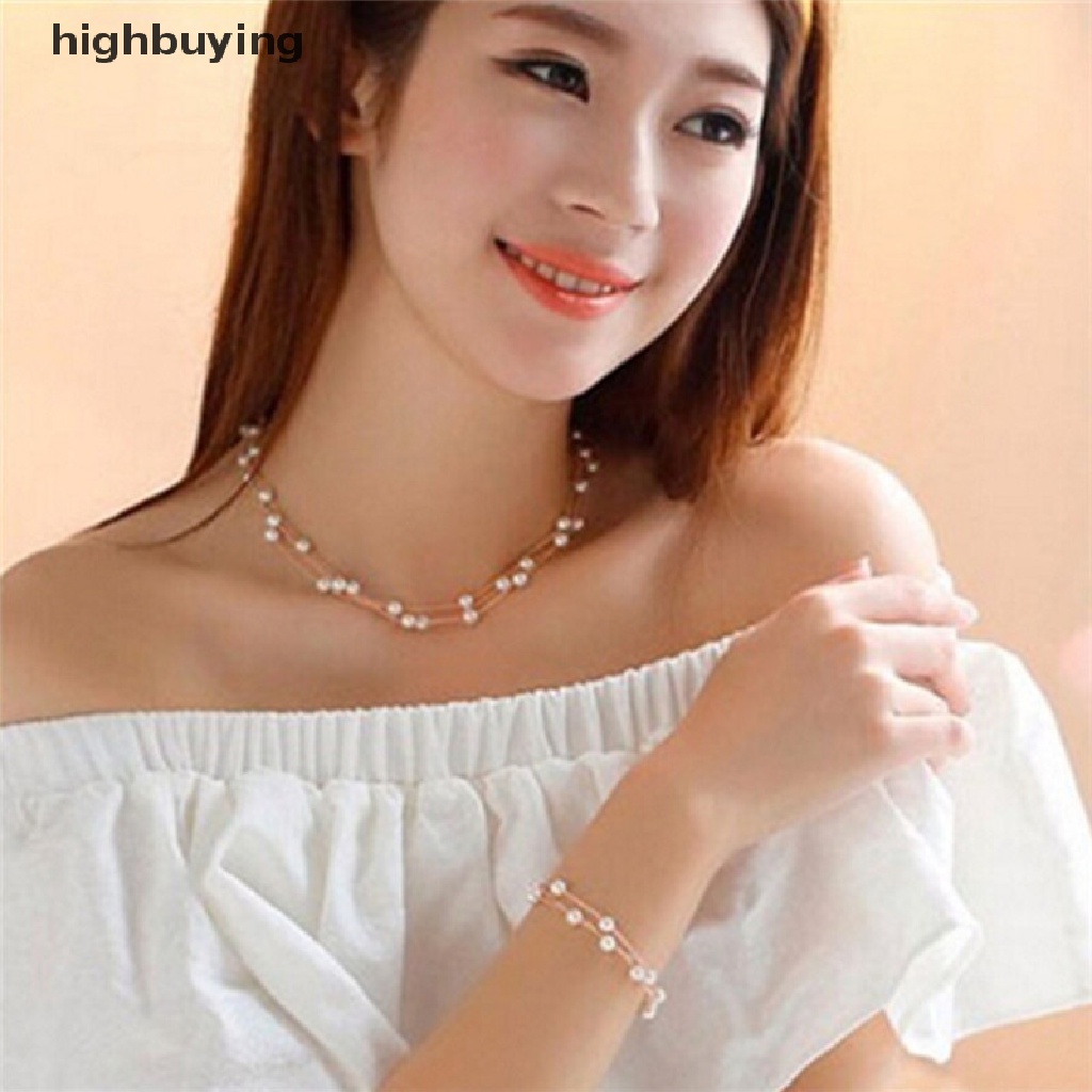 Hbid Set Kalung + Anting + Gelang Mutiara Multilayer Untuk Pengantin Wanita