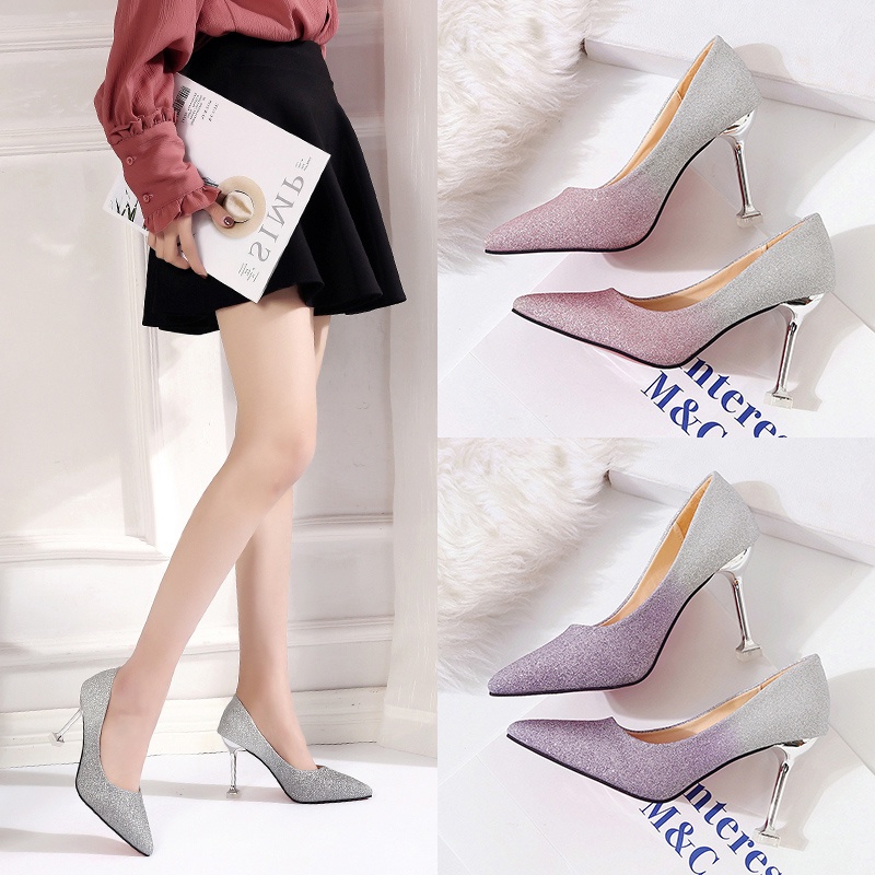 Sepatu Hak Tinggi Wanita Pernikahan Pengantin Terbaru Korea Murah Runcing Elegan Modis Warna Gradient Ungu Abu Purple Pink Grey Import Pointed Toe Stiletto Pump 9cm High Heels Wedding Shoes - Ukuran 34 35 36 37 38 39 40