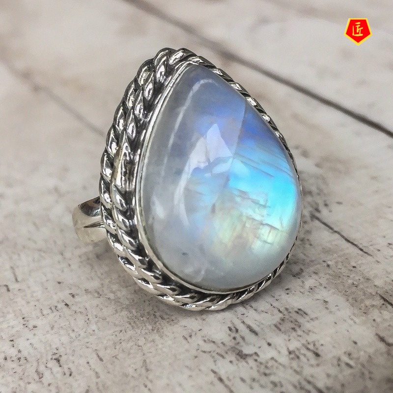 [Ready Stock]Big Diamond Pear-Shaped Moonstone Ring Exaggerated Punk Style