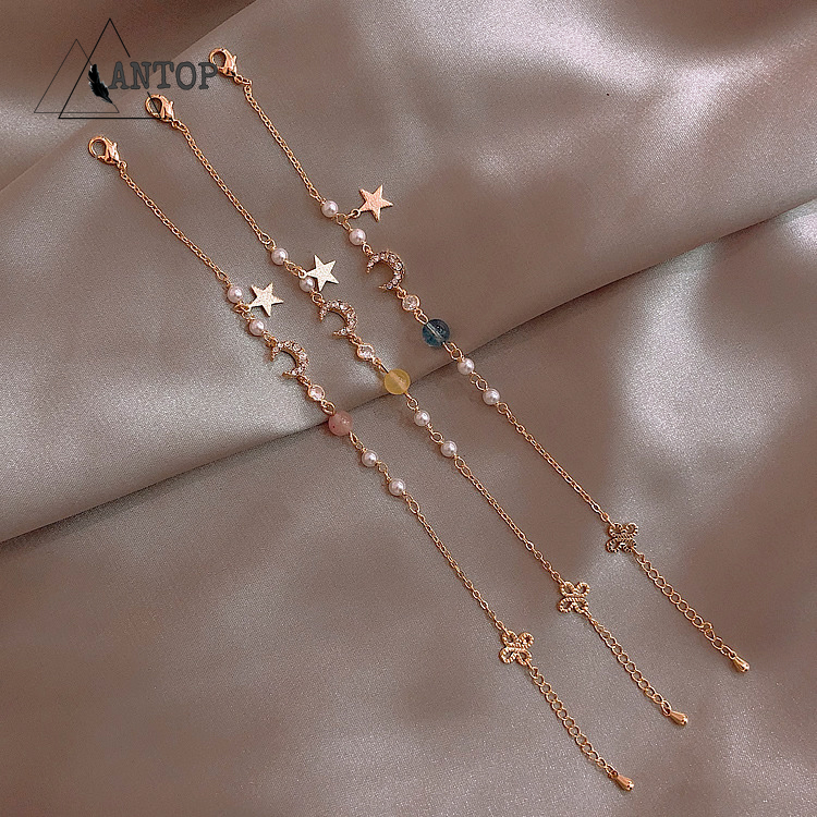 Gelang Liontin Bintang Dan Bulan Gaya Gelang Bangle Mutiara Aksen Pita Gaya Korea Untuk Wanita Women Jewelry Accessories Gifts ANTOP