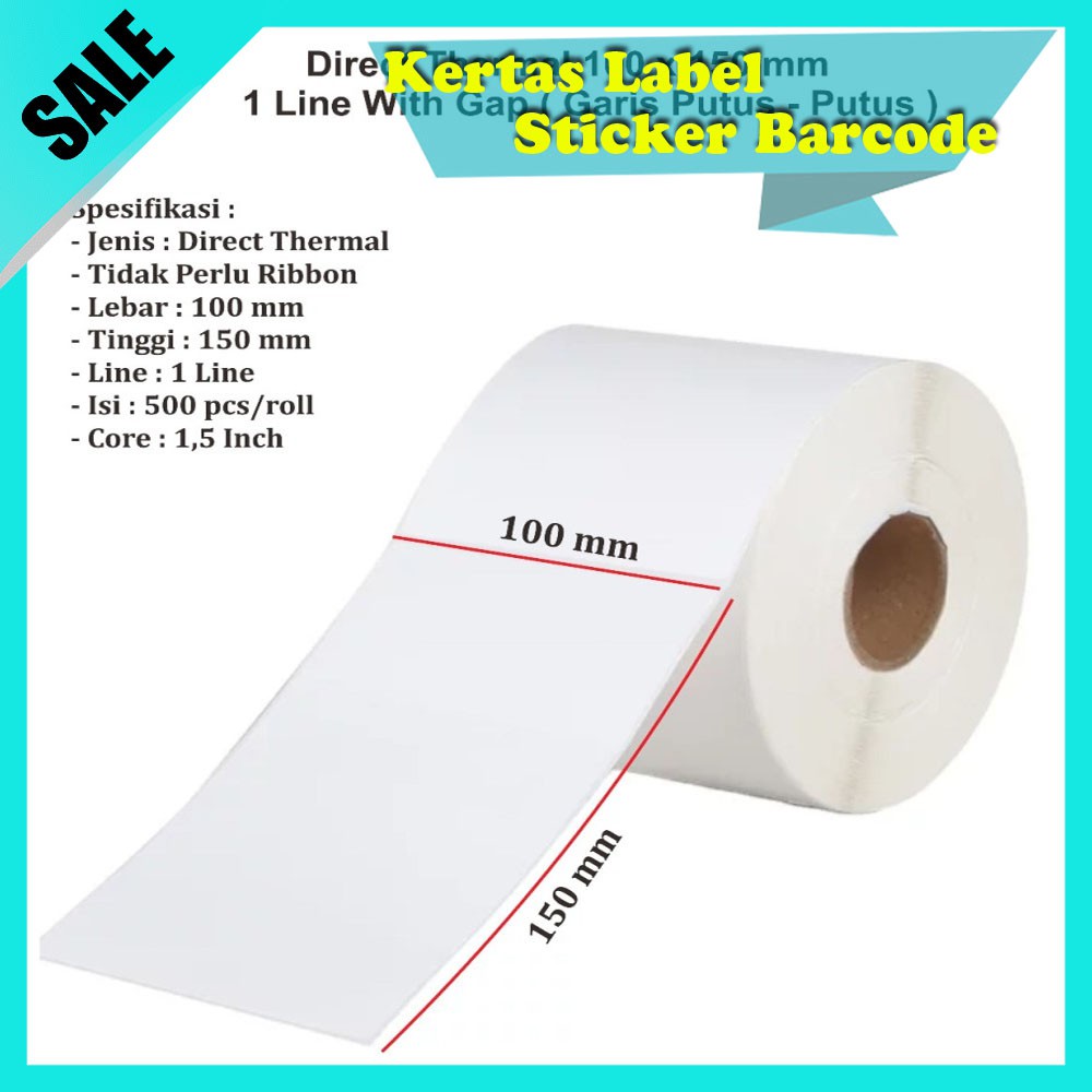 

Kertas Printer Thermal Kertas Label Sticker Barcode Thermal 100 x 150 mm 1 Roll Isi 500 Murah