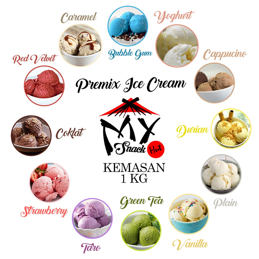 PREMIX ICE CREAM 1KG - BUBUK ES KRIM VANILLA STRAWBERRY RED VELVET TARO MATCHA BUBBLE GUM SOFT HARD INSTANT