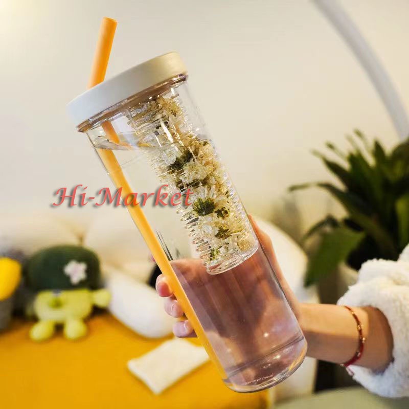 Botol Minum Infused Water dengan Sedotan Lipat Botol Saringan 塑料茶漏水杯