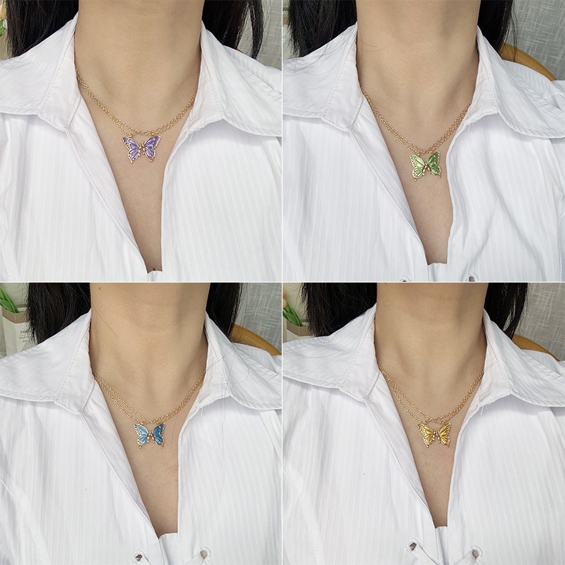 YEEZII 2pcs / set Kalung Choker Susun Dengan Liontin Kupu-Kupu Warna-Warni Untuk Wanita