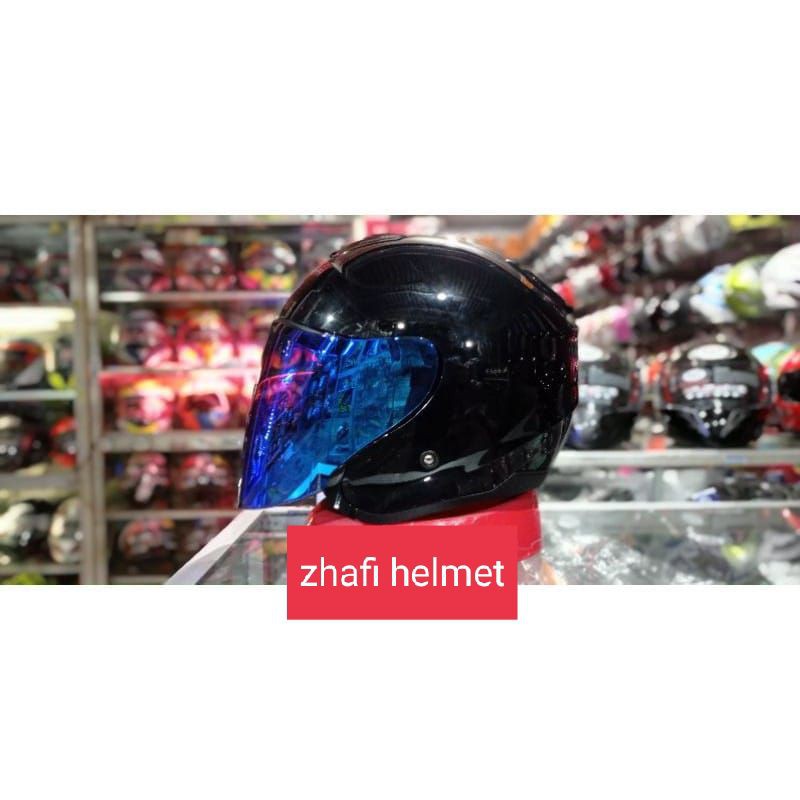 helm kyt kyoto solid paket GANTENG TERMURAH (BISA COD)-Htam glos kc blue