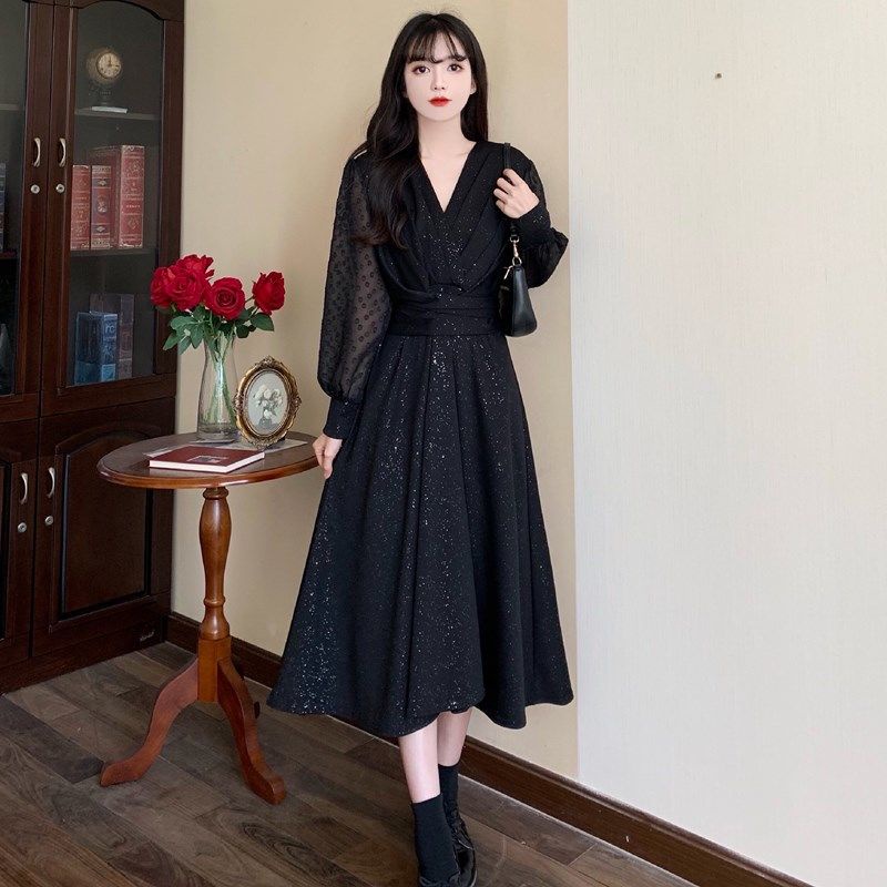 Gaun Wanita Korea Lengan Panjang Gaun Hitam Wanita Lengan Kombinasi Shifon Elegan Dress JUMBO