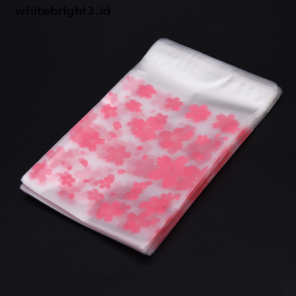 (whitebright3.id) 100pcs / Lot Kantong Permen / Kue Kering Motif Bunga Sakura Pink Dengan Perekat