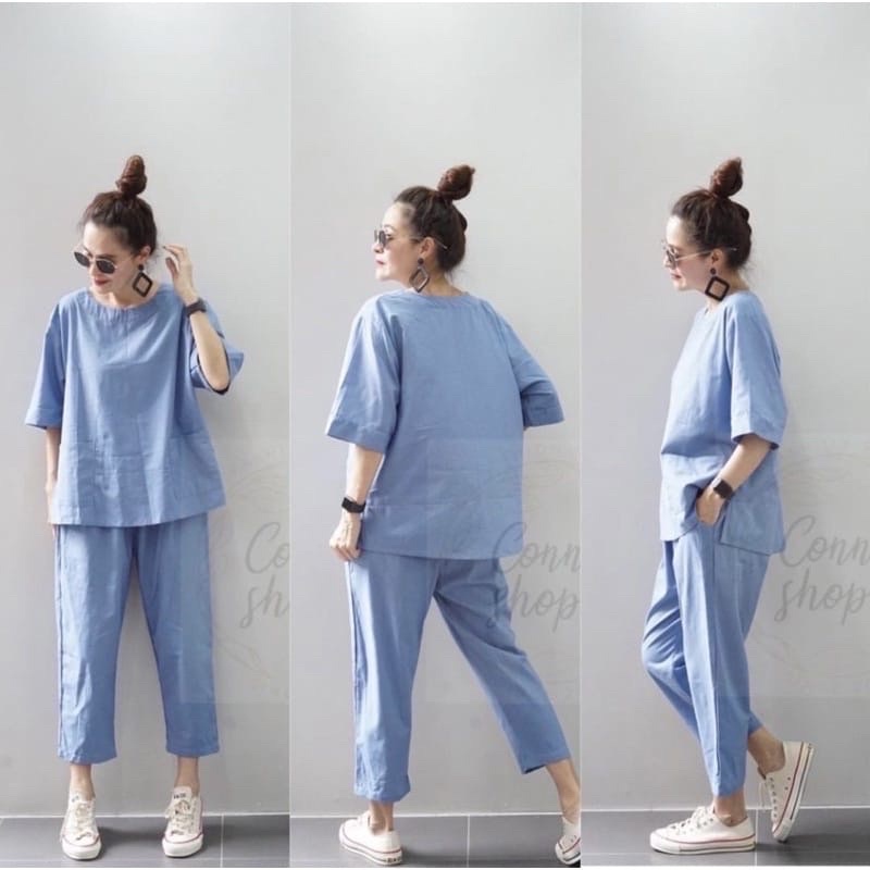 Alana One Set Linen Setelan Wanita Linen Atasan dan Celana