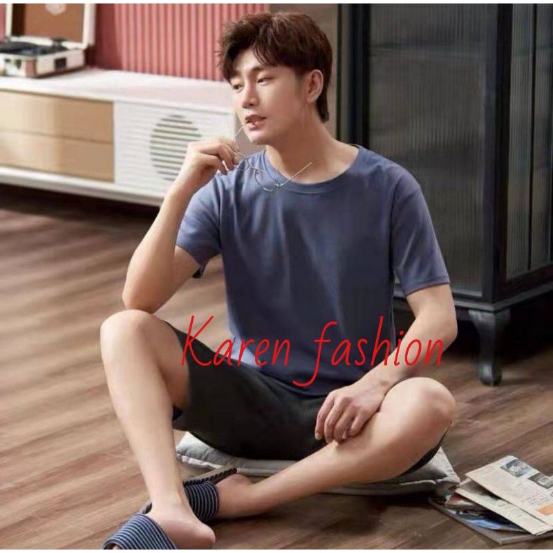 Baju tidur piyama kaos setelan pendek pria cowok import BLUEGRAY POLOS