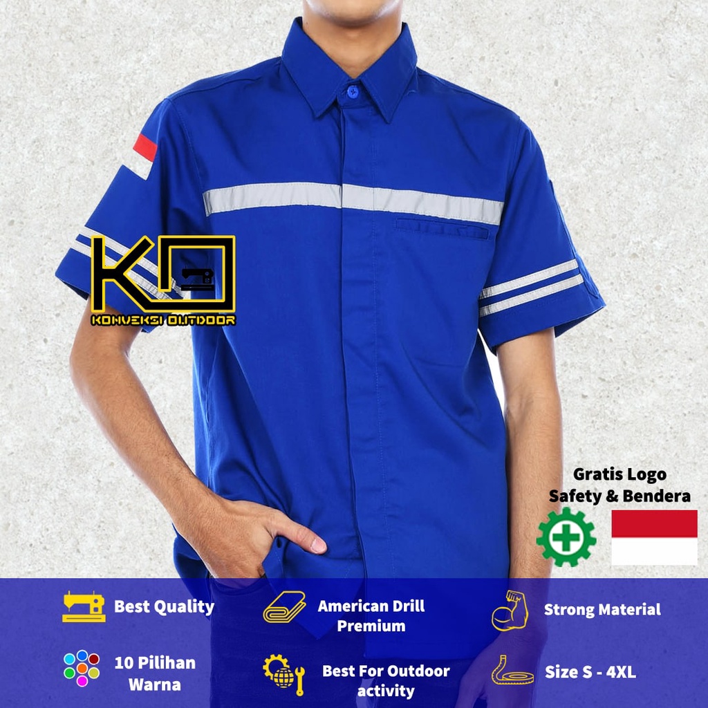 KEMEJA WEARPACK BAJU SAFETY K3 OUTDOOR INDOOR - Seragam Kemeja Kerja Lapangan Lengan Pendek Proyek Bangunan Tambang Alat Berat PLN Enginer Instalasi Mesin werpek sefti Scotlit Warna Biru Konveksi Outdoor