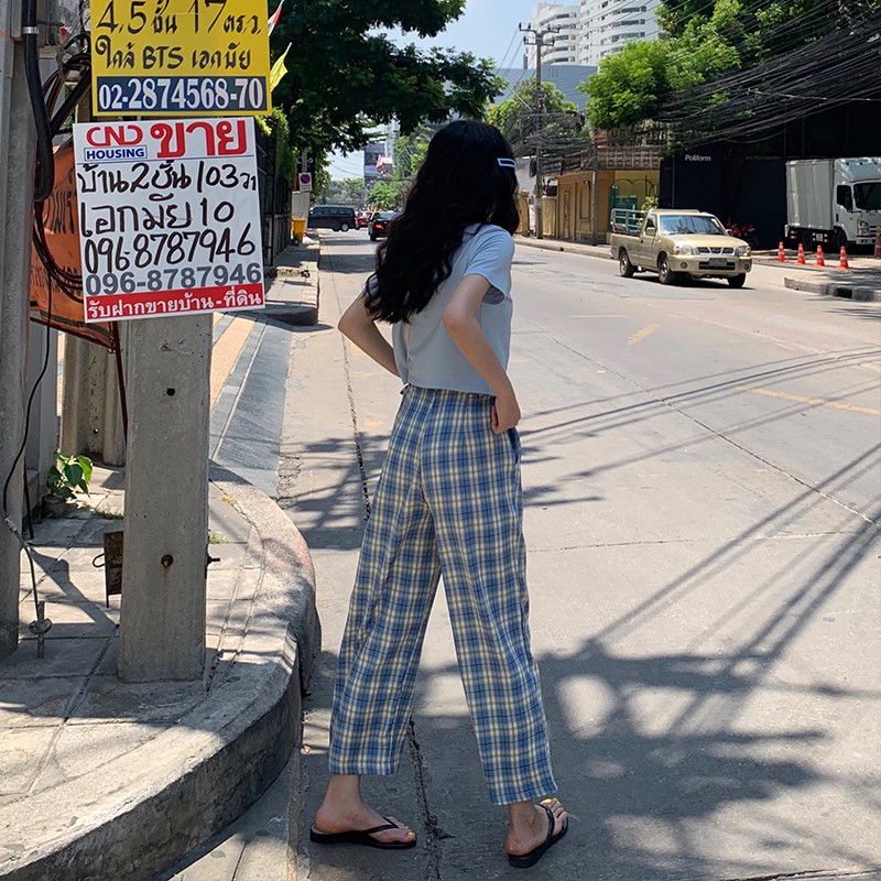 Celana Panjang Model Lurus Lebar Longgar Motif Kotak-Kotak Ada untuk Wanita