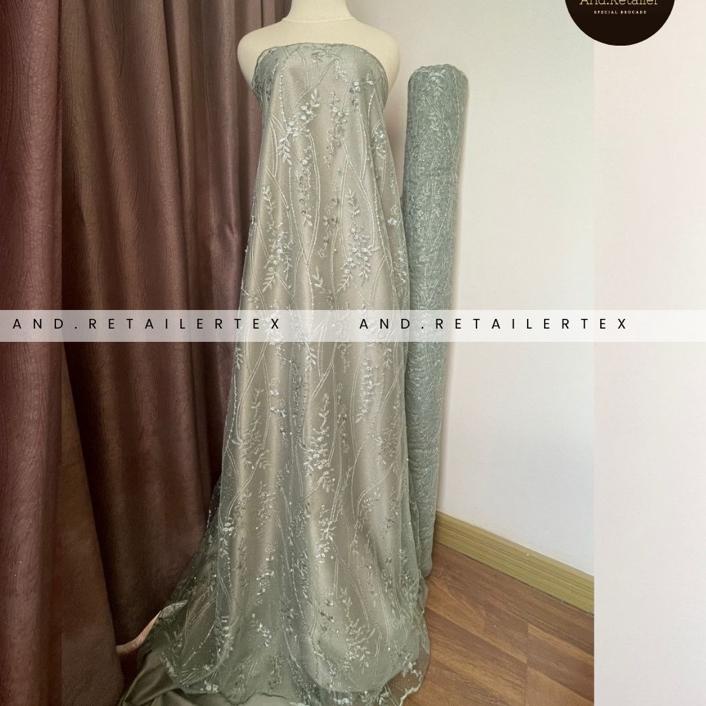 ✱ Bahan Kebaya Brokat Tile Akar Mutiara Glitter Mahogany Series Warna Sage Green ☚