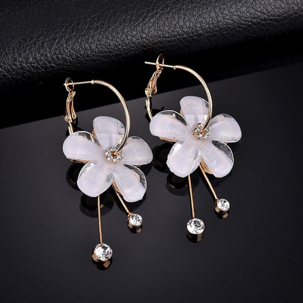 OW@ Elegant Rhinestone Flower Long Tassel Pendant Huggie Earrings Statement Jewelry