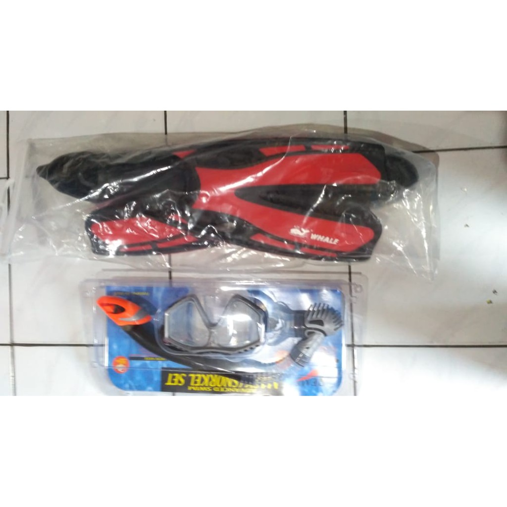 PAKET SNORKEL SILICONE DRY MERK SEAL + FIN KAKI KATAK MERK WHALE