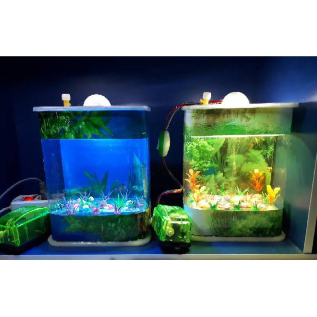Diskon Aquarium Mini Ikan Hias & Cupang & Guppy Bisa Lampu Tidur Mesin Aerator Cod (Bahan 2 Lapis)