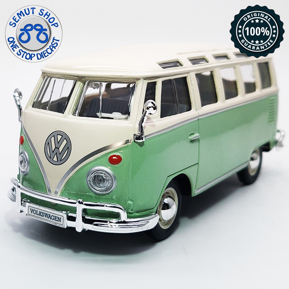 Maisto 1:25 Volkswagen Van Samba Green Cream Metalic Miniatur Diecas Mobil Van VW Samba Volkswagen