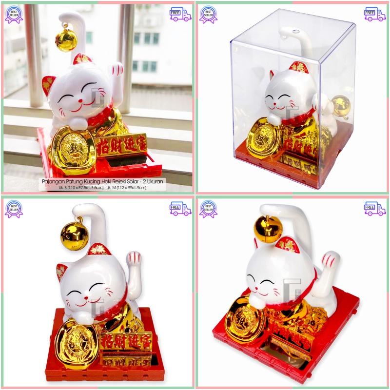 Pajangan Patung Hiasan Kado Hadiah Boneka Kucing Hoki Lucky Cat Rejeki Rezeki Benda Fengshui Fengsui Feng Shui Maneki Neko Maneki Neko Keberuntungan Dashboard Mobil Emas Gold Mini Imut Import Tangan Gerak Goyang Putih Solar Baterai Jumbo Cina Jepang Korea