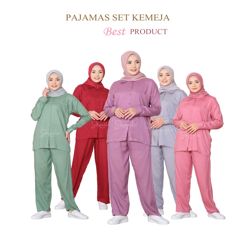 Pajamas Polos Katun Rayon Premium One Set Lengan Panjang Kemeja Dewasa