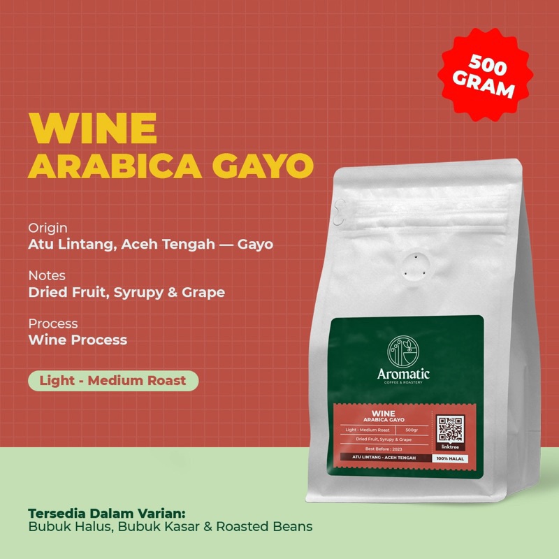 

AROMATIC COFFEE Kopi Wine Arabica Gayo (Fermented 35Hari) 100gr, 250 gram, 500 gram (BIJI/BUBUK)