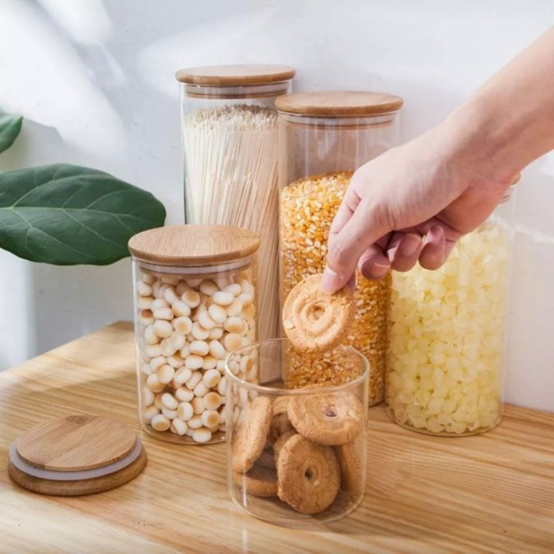 R3WS Toples Kaca Kedap Udara Tutup Bambu Kayu /Glass Bamboo /Bumbu/Snack Jar bentuk bulat Organizer