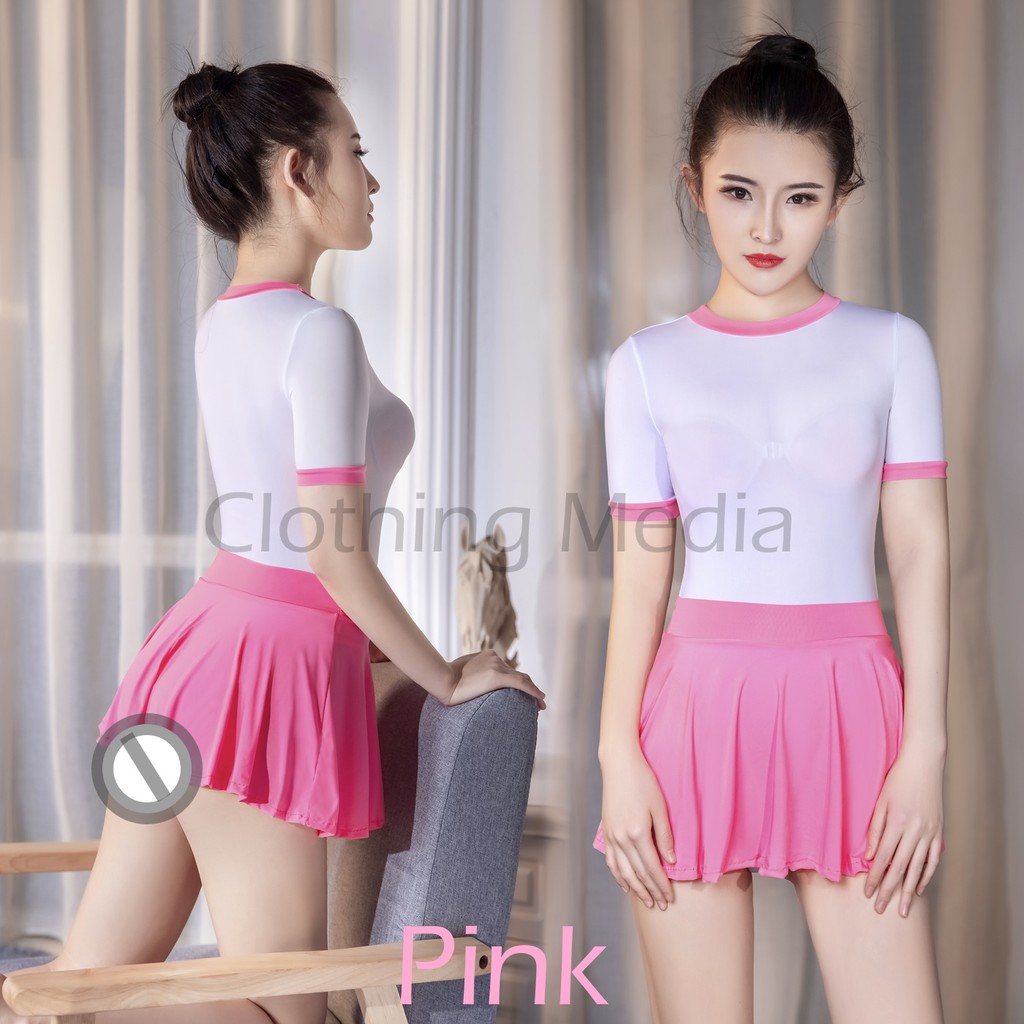 Baju Leotard Rok Set Silky Cosplay Sporty Jepang Elastis Semi Transparan