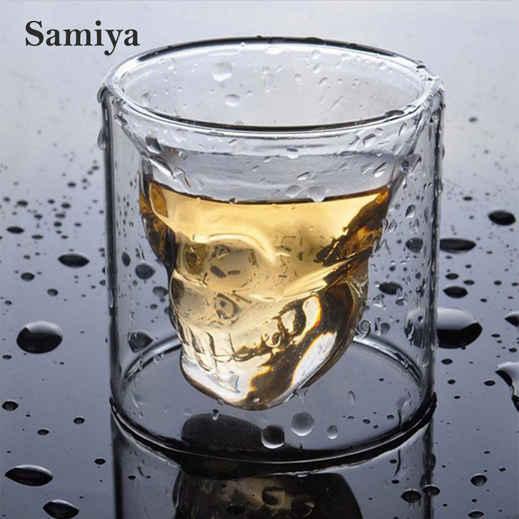 gelas seloki double wall / glass crystal skull head 150ml transparan / sloki one shot tengkorak