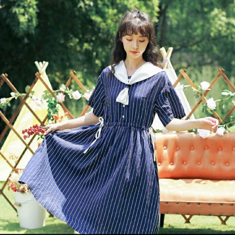 Preloved navy sailor lolita dress garis size XL