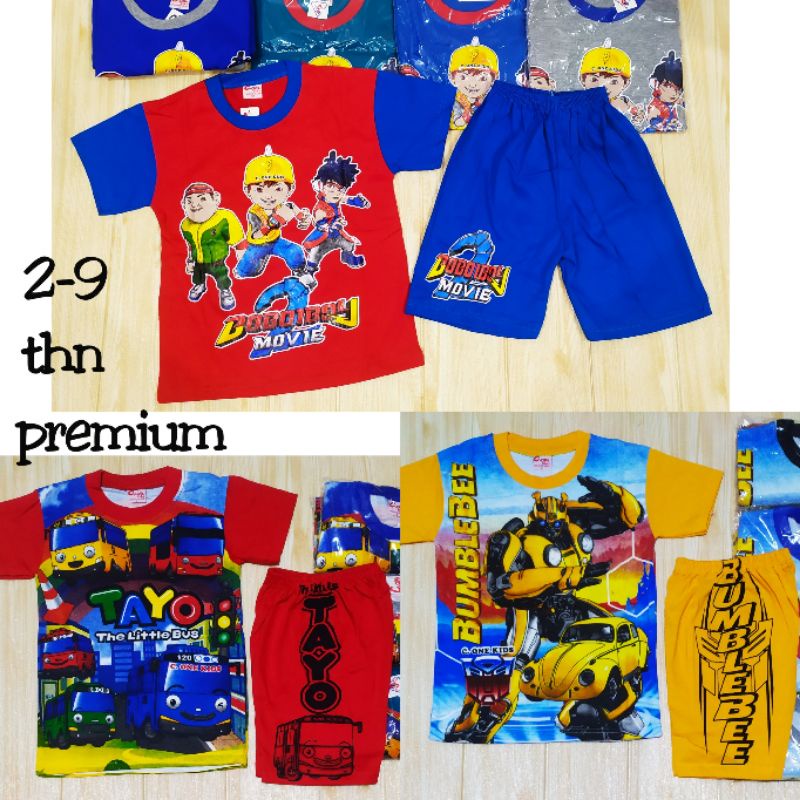 SETELAN PENDEK BOBOIBOY PREMIUM TAYO BUMBLEBEE-ULTRAMAN-SPIDERMAN 2-9 THN