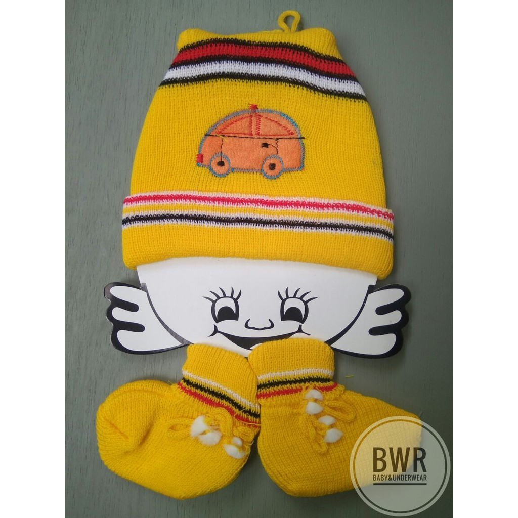 Topi Rajut Bayi ABELIO | Perlengkapan Topi Bayi + Sarung Kaki Rajut - Bwr VII
