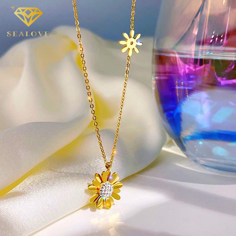 SEALOVE Kalung Anting Set Daisy Wanita kalung titanium anti karat dan luntur 18k Emas Perhiasan Premium Korea