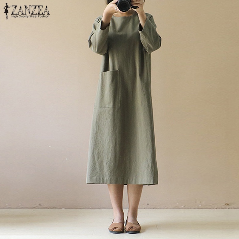 ZANZEA Womens Plus Size 3/4 Sleeve Loose Cotton Long Dress