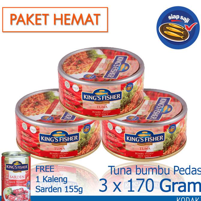 

vaargavaldian5678 Paket 3 Pcs King's Fisher Tuna Hot Spicy 170g gratis sarden 155g TERLARIS TERPERCAYA ORIGINAL