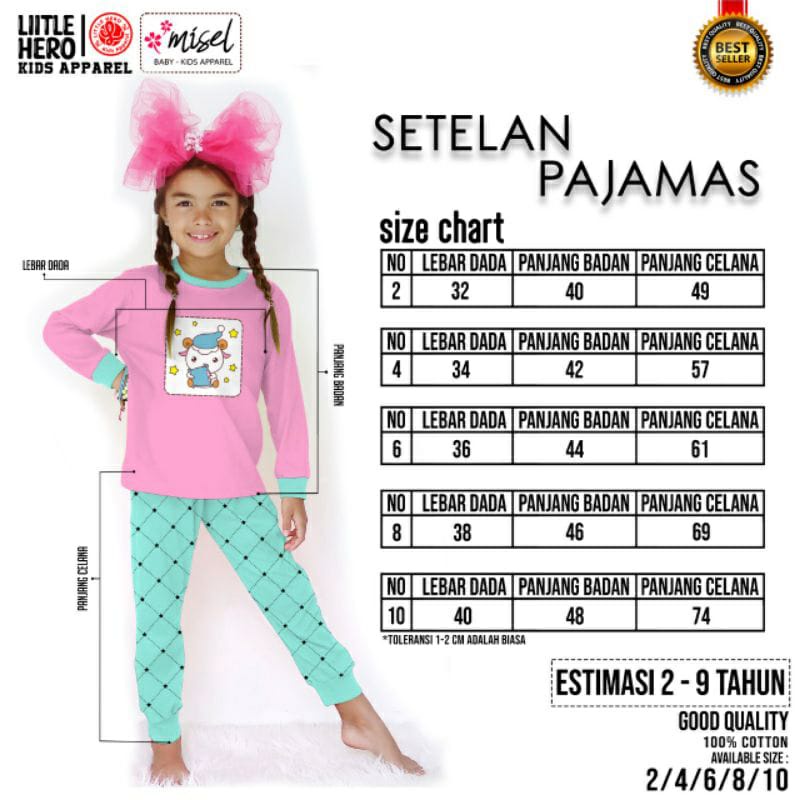 PIYAMA ANAK MEREK LITTLE HERO AND MISEL 2-8 TAHUN BAHAN KATUN SOFT 24'S SABLON RUBBER ANTI PECAH