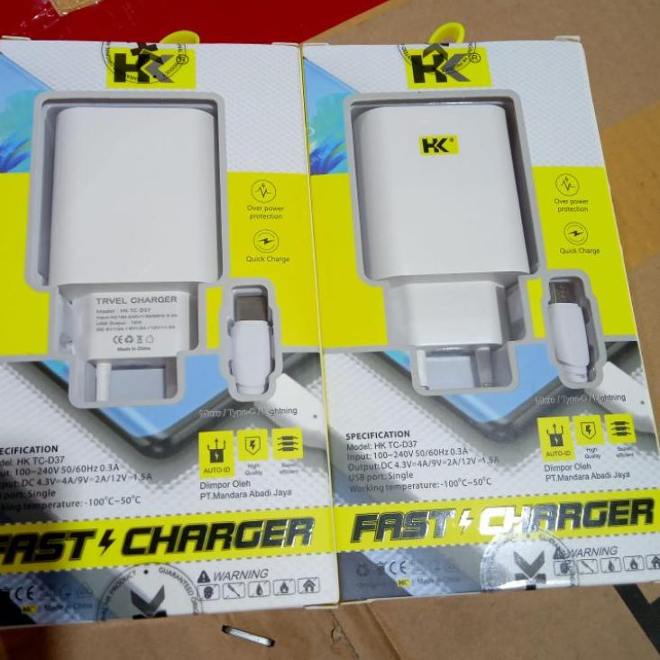 Terbaik.. charger hkD37 HK D37 18W 1 usb batok + kabel micro usb type C casan original hk cas