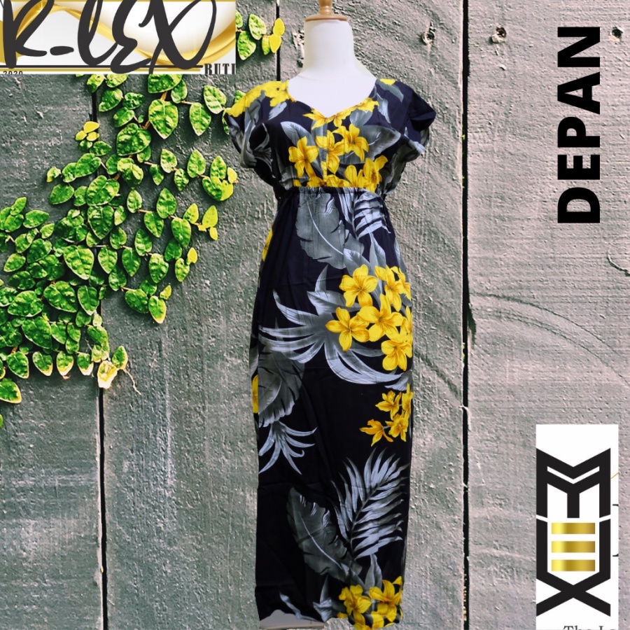 DASTER DRESS MANOHARA BALI PANJANG WANITA BAHAN RAYON MOTIF HITAM BUNGA KUNING PREMIUM R- LEX