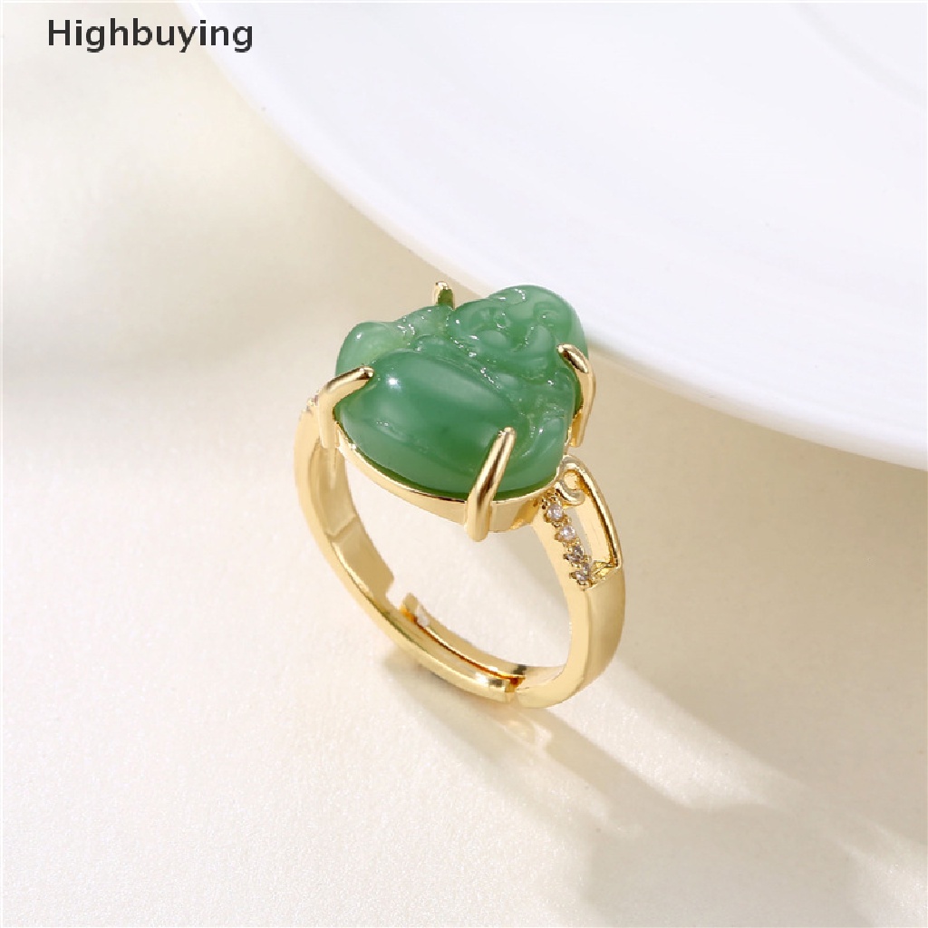 Hbid Cincin Lapis Emas 18k Model Terbuka Adjustable Hias Batu Giok Hijau Untuk Pria / Wanita Glory